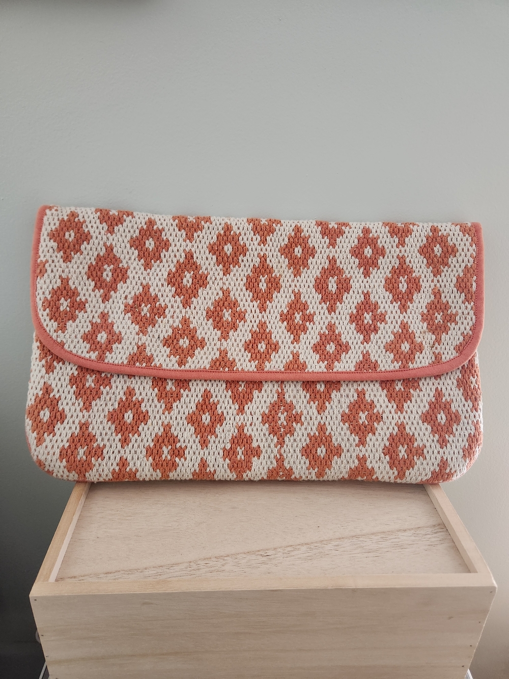 Corey Lynn Calter Woven Diamond Pattern Coral & Cream Clutch